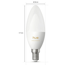 Ampoule LED Philips Hue White Ambiance E14 avec dimensions: hauteur 117 millimètres et diamètre 39 millimètres.