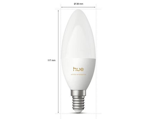 Ampoule LED Philips Hue White Ambiance E14 avec dimensions: hauteur 117 millimètres et diamètre 39 millimètres.
