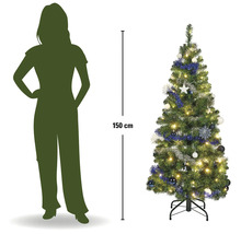Künstlicher Weihnachtsbaum, dekoriert mit Beleuchtung, Girlanden und Kugeln, Höhe 150 Zentimeter, mit Personen-Silhouette zum Größenvergleich.