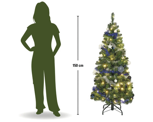 Künstlicher Weihnachtsbaum, dekoriert mit Beleuchtung, Girlanden und Kugeln, Höhe 150 Zentimeter, mit Personen-Silhouette zum Größenvergleich.