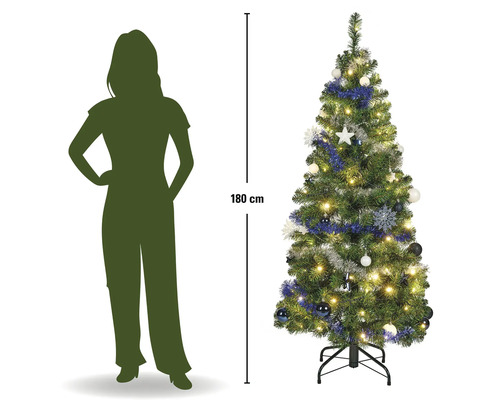 Künstlicher Weihnachtsbaum mit Beleuchtung und Baumschmuck, Höhe 180 Zentimeter, neben der Silhouette einer Person zum Größenvergleich.