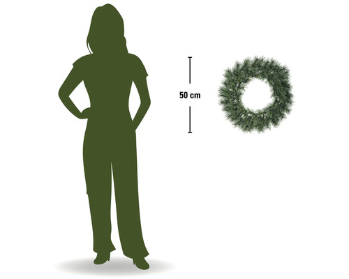 Künstlicher Kranz mit einem Durchmesser von 50 Zentimetern im Größenvergleich zu einer Person.