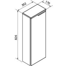 Croquis avec dimensions pour une armoire étroite : hauteur 826 millimètres, largeur 302 millimètres et profondeur 170 millimètres.