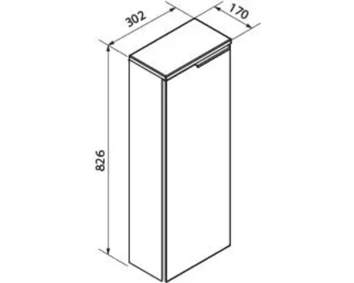 Croquis avec dimensions pour une armoire étroite : hauteur 826 millimètres, largeur 302 millimètres et profondeur 170 millimètres.