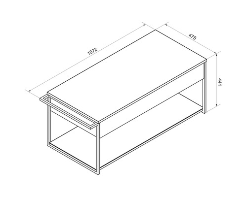 Dessin technique d'une table avec dimensions : largeur 1072 millimètres, profondeur 475 millimètres, hauteur 441 millimètres.