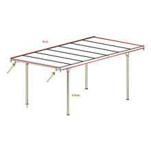 Diagramm einer Terrassenüberdachung mit einem Dachrahmen aus Aluminium und Stützpfeilern aus Stahl.