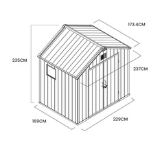 Dessin technique d un abri de jardin avec dimensions en centimètres pour les mesures extérieures et la hauteur totale.