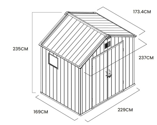 Dessin technique d un abri de jardin avec dimensions en centimètres pour les mesures extérieures et la hauteur totale.