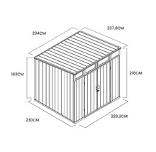 Dessin technique d un abri de jardin avec dimensions en centimètres pour illustrer les mesures extérieures.