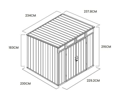 Dessin technique d un abri de jardin avec dimensions en centimètres pour illustrer les mesures extérieures.