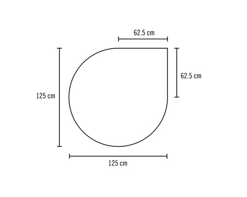 Masszeichnung einer tropfenförmigen Bodenplatte mit einer Breite von 125 Zentimeter und einer Höhe von 125 Zentimeter.