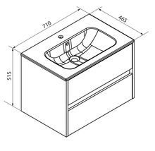 Masszeichnung Waschtischunterschrank mit Waschbecken, Breite 710 Millimeter, Tiefe 465 Millimeter, Höhe 515 Millimeter, zwei Schubladen.