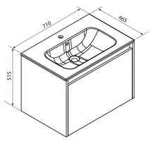 Masszeichnung für Waschtischunterschrank mit Waschbecken, Breite 710 Millimeter, Tiefe 465 Millimeter, Höhe 515 Millimeter.