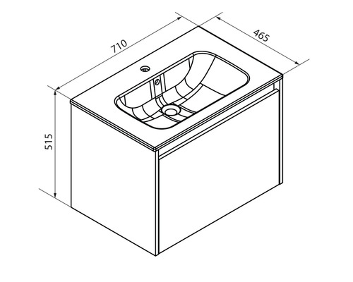 Masszeichnung für Waschtischunterschrank mit Waschbecken, Breite 710 Millimeter, Tiefe 465 Millimeter, Höhe 515 Millimeter.