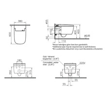 Technische Zeichnung einer Wandtoilette mit Maßen in Millimetern für Breite, Tiefe, Höhe sowie Anschlüssen für Wasser und Strom.