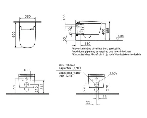 Technische Zeichnung einer Wandtoilette mit Maßen in Millimetern für Breite, Tiefe, Höhe sowie Anschlüssen für Wasser und Strom.