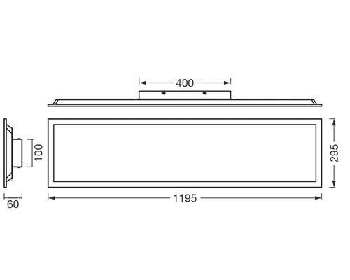 Technische Zeichnung für rechteckiges LED Panel mit den Maßen 1195 Millimeter Länge, 295 Millimeter Breite und 60 Millimeter Tiefe.