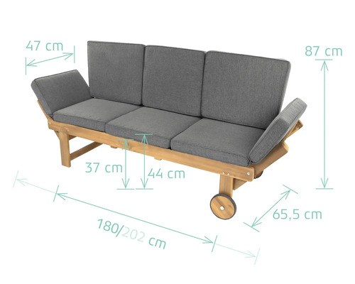 Canapé bois avec coussins gris et roulettes. Dimensions: largeur 180 à 202 centimètres, profondeur 65,5 centimètres, hauteur 87 centimètres.