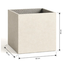 Jardinière carrée aspect pierre, dimensions 60 par 60 par 60 centimètres.