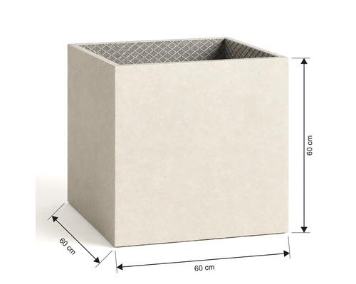 Jardinière carrée aspect pierre, dimensions 60 par 60 par 60 centimètres.