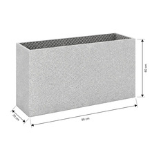 Bac à plantes rectangulaire avec aspect granit, dimensions 90 par 30 par 60 centimètres.