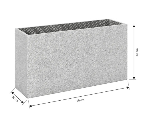 Bac à plantes rectangulaire avec aspect granit, dimensions 90 par 30 par 60 centimètres.