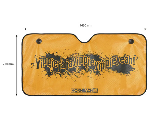Pare-soleil pour voiture avec logo Hornbach et slogan Yippie jaja Yippie Yippie Yeah!, 1430 millimètres par 710 millimètres, ventouses incluses.