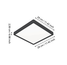 Plafonnier LED carré avec dimensions : 29 centimètres par 29 centimètres et une hauteur de 2,50 centimètres.