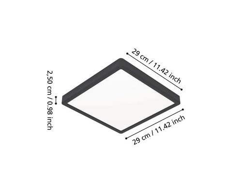 Plafonnier LED carré avec dimensions : 29 centimètres par 29 centimètres et une hauteur de 2,50 centimètres.