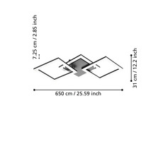 Moderne LED-Deckenleuchte mit drei rechteckigen Elementen, Breite circa 65 Zentimeter, Tiefe 31 Zentimeter, Höhe 7,25 Zentimeter.