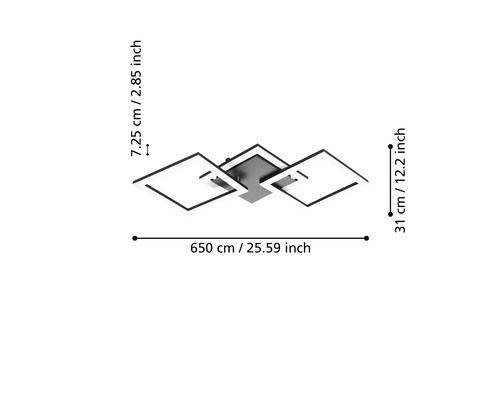 Moderne LED-Deckenleuchte mit drei rechteckigen Elementen, Breite circa 65 Zentimeter, Tiefe 31 Zentimeter, Höhe 7,25 Zentimeter.