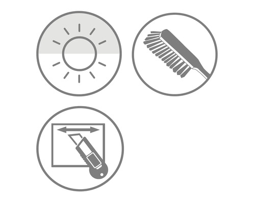 Symboles de résistance aux UV, de nettoyage à la brosse et de découpe personnalisée au cutter.
