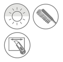 Symboles de résistance aux UV, de nettoyage à la brosse et de découpe personnalisée au cutter.