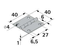 Dessin technique d'une charnière avec les dimensions 40 par 40 millimètres, diamètre du trou 4 millimètres et épaisseur 1 millimètre.