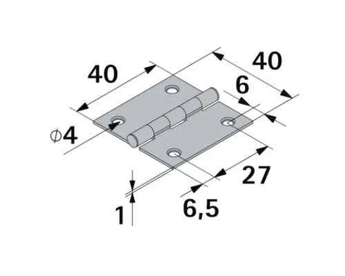 Dessin technique d'une charnière avec les dimensions 40 par 40 millimètres, diamètre du trou 4 millimètres et épaisseur 1 millimètre.