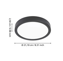 Plafonnier LED rond noir avec un diamètre de 21,10 centimètres et une hauteur de 2,50 centimètres.