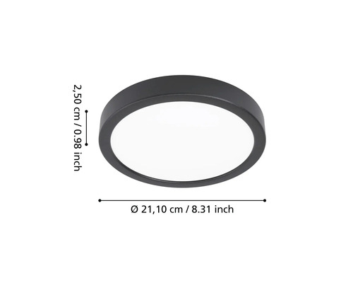 Plafonnier LED rond noir avec un diamètre de 21,10 centimètres et une hauteur de 2,50 centimètres.