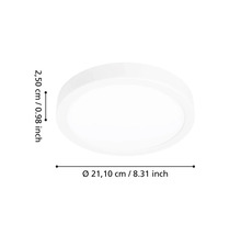 Plafonnier rond et plat blanc avec un diamètre de 21,10 centimètres et une hauteur de 2,50 centimètres.