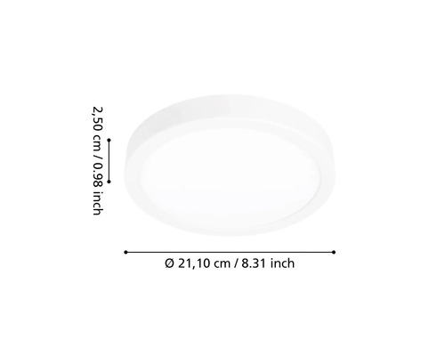 Plafonnier rond et plat blanc avec un diamètre de 21,10 centimètres et une hauteur de 2,50 centimètres.