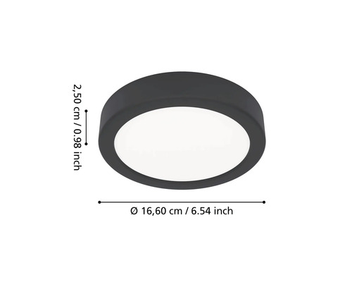 Plafonnier LED rond, diamètre 16,60 centimètres, hauteur 2,50 centimètres.