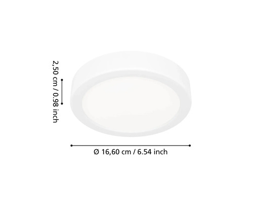Plafonnier LED rond avec un diamètre de 16,60 centimètres et une hauteur de 2,50 centimètres.