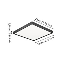 Plafonnier LED carré avec cadre noir, largeur 22 centimètres, longueur 22 centimètres, hauteur 2,50 centimètres.
