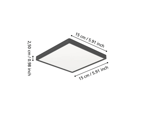 Plafonnier LED carré avec dimensions : 15 centimètres de longueur, 15 centimètres de largeur et 2,50 centimètres de hauteur.