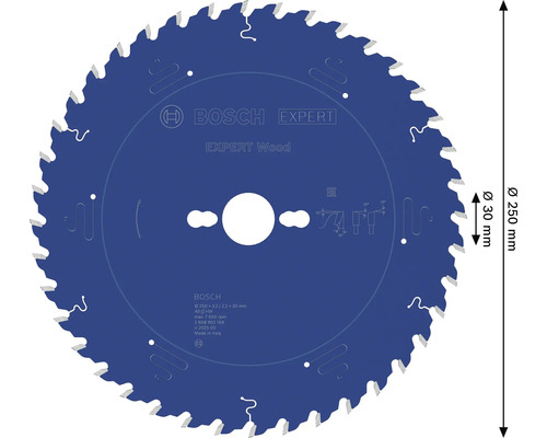 Lame de scie circulaire bleue Bosch Expert Wood pour le bois, diamètre 250 millimètres, alésage 30 millimètres, Bosch Logo.