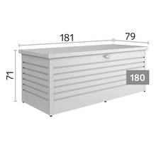Coffre de jardin, lignes horizontales. Dimensions 181 centimètres de longueur, 79 de largeur et 71 de hauteur. Modèle taille 180.