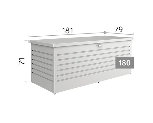 Coffre de jardin, lignes horizontales. Dimensions 181 centimètres de longueur, 79 de largeur et 71 de hauteur. Modèle taille 180.
