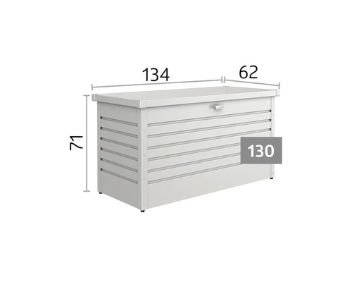 Coffre de jardin en métal avec dimensions : longueur 134 centimètres, profondeur 62 centimètres, hauteur 71 centimètres, modèle 130.