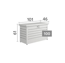 Coffre de jardin avec dimensions : largeur 101 centimètres, profondeur 46 centimètres, hauteur 61 centimètres. Modèle 100.