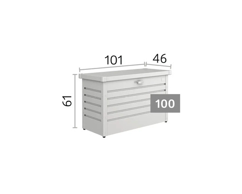 Coffre de jardin avec dimensions : largeur 101 centimètres, profondeur 46 centimètres, hauteur 61 centimètres. Modèle 100.