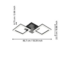 Plafonnier LED avec deux cadres carrés, dimensions 46,7 centimètres de large, 22,5 centimètres de profondeur et 6,75 centimètres de haut.